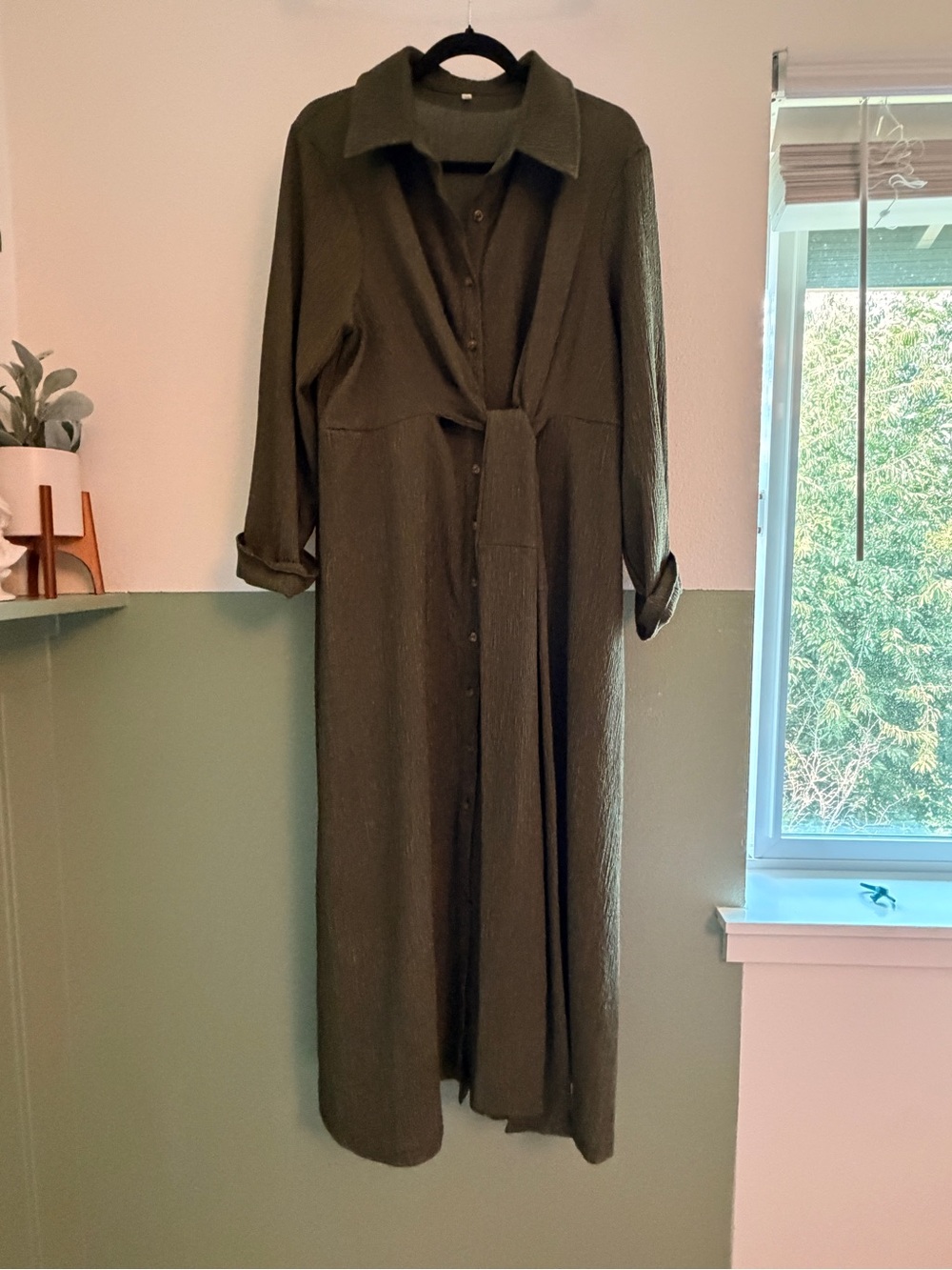 Amazon Olive Green Maxi Shirt Dress with Waist Tie